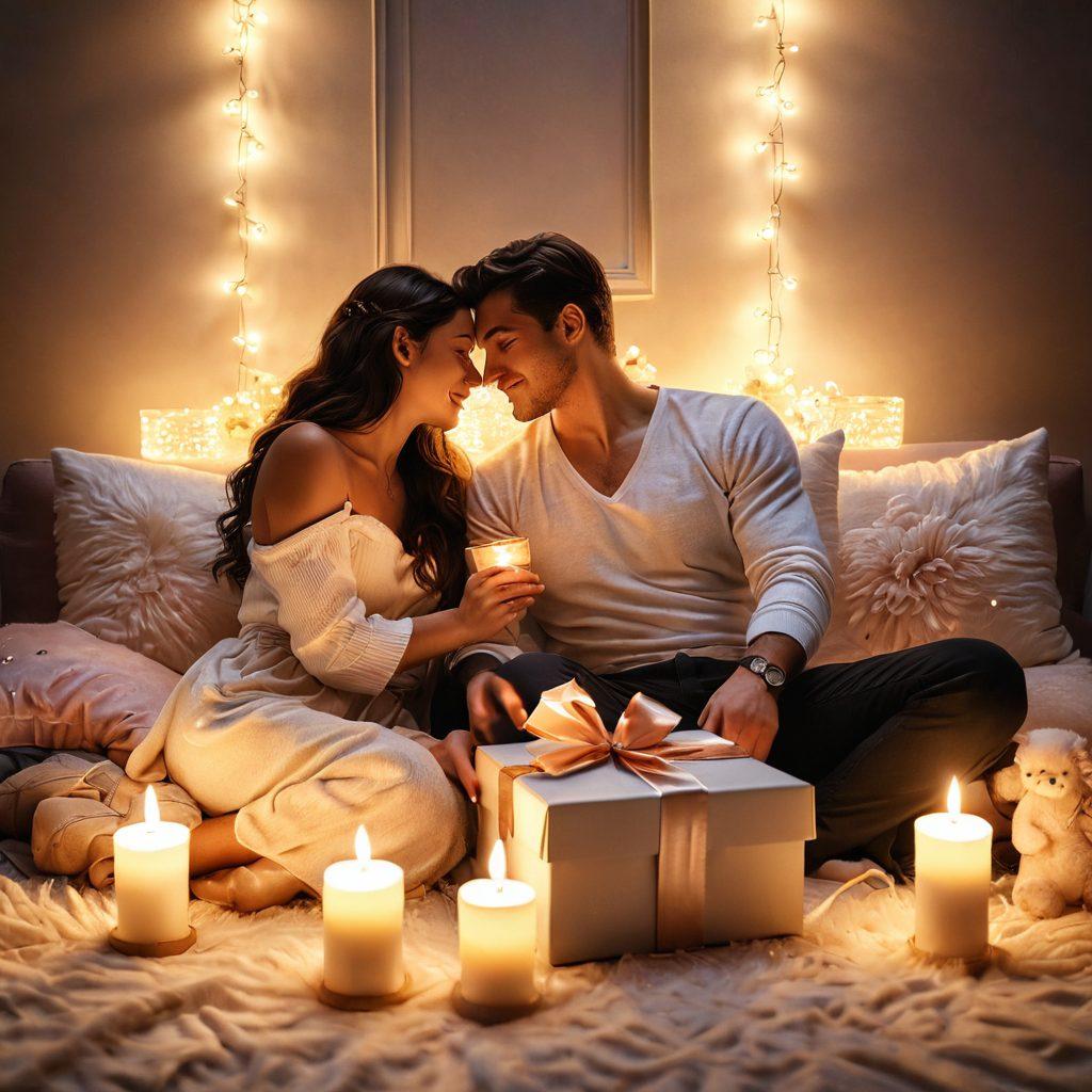 A cozy, softly-lit setting featuring a beautifully arranged gift box overflowing with romantic accessories like heart-shaped jewelry, scented candles, and love notes. In the background, a couple is sharing a tender moment, surrounded by warm fairy lights and plush pillows. The scene radiates warmth and intimacy, evoking a sense of togetherness and passion. soft focus, warm colors, romantic ambiance.